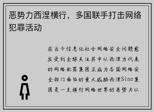 恶势力西涅横行，多国联手打击网络犯罪活动